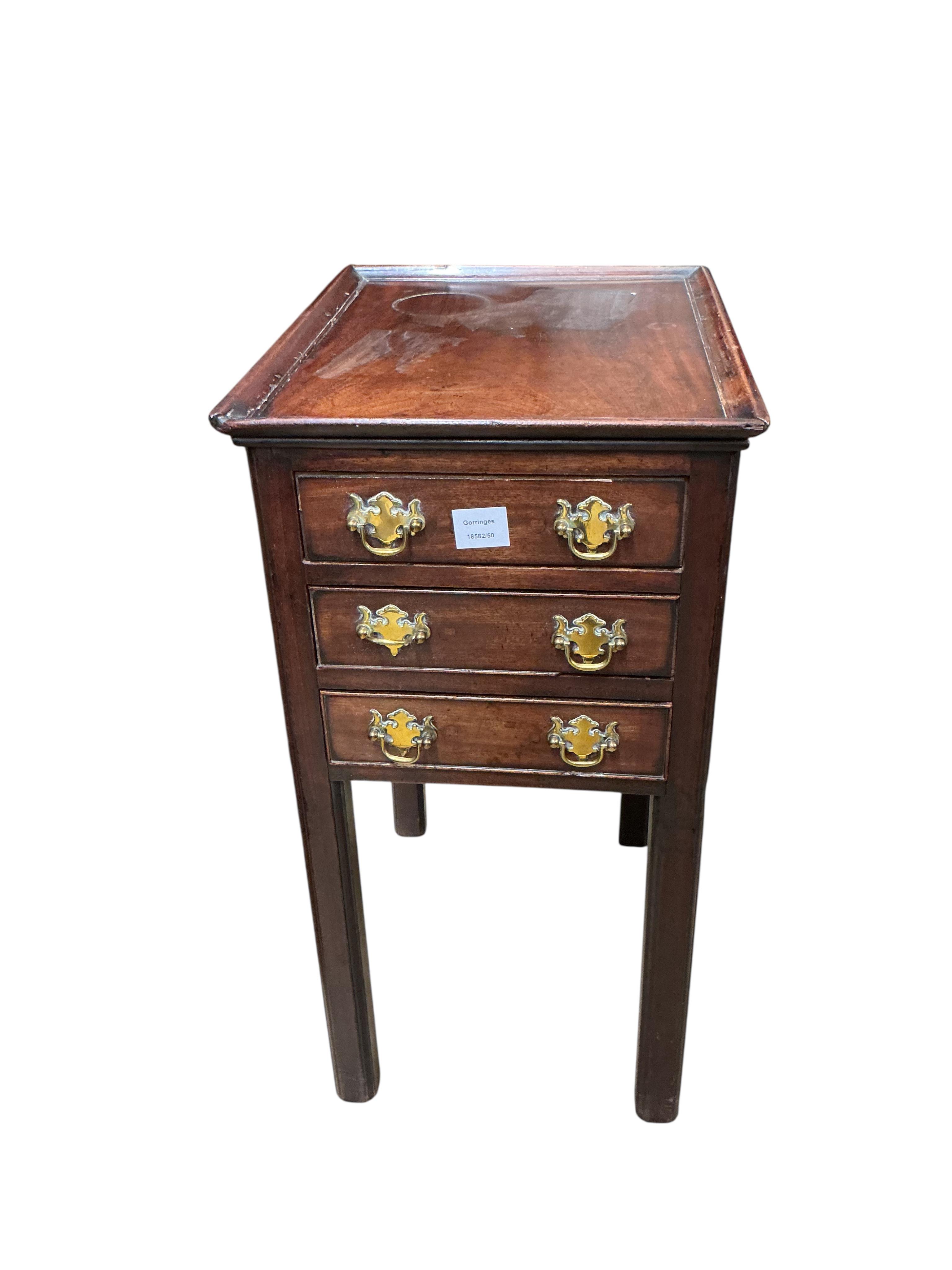 A George III mahogany three drawer bedside chest, width 38cm, depth 49cm, height 76cm